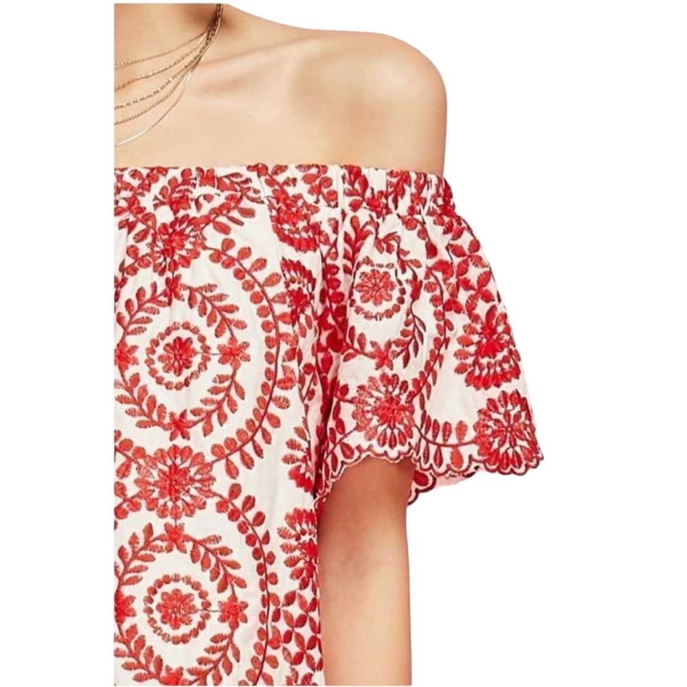 Entro red and white fully floral embroidered off the shoulder mini dress - Picture 3 of 14